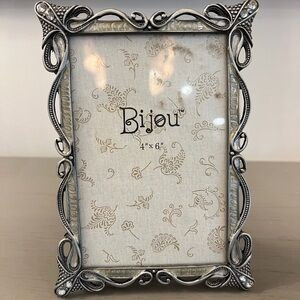 Bijou Jewel Embellished Picture Frame Silver Metal 4x6” Photo Wedding Scroll